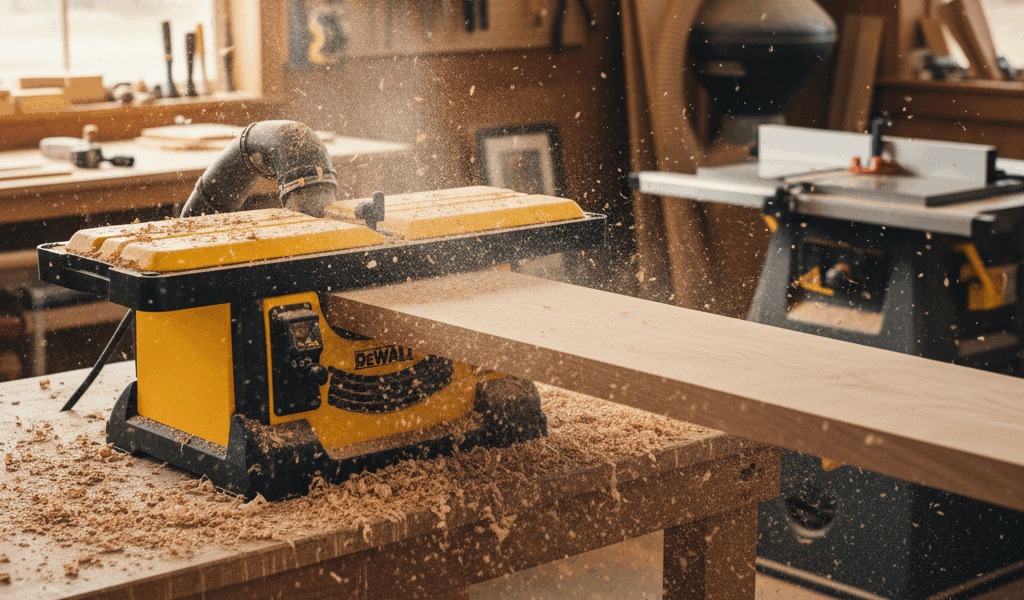 Benchtop planer in woodworking shop