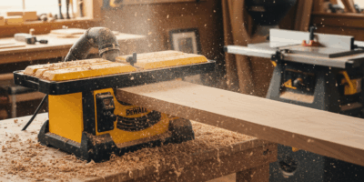 Benchtop planer in woodworking shop