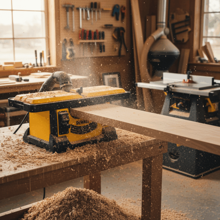 Benchtop planer in woodworking shop