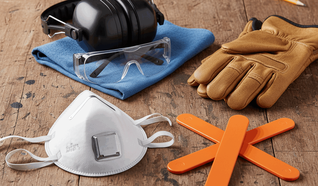 Safety glasses, ear protection, dust mask and gloves