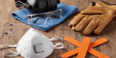 Safety glasses, ear protection, dust mask and gloves