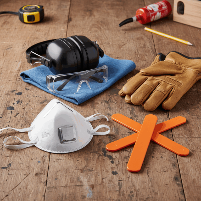 Safety glasses, ear protection, dust mask and gloves