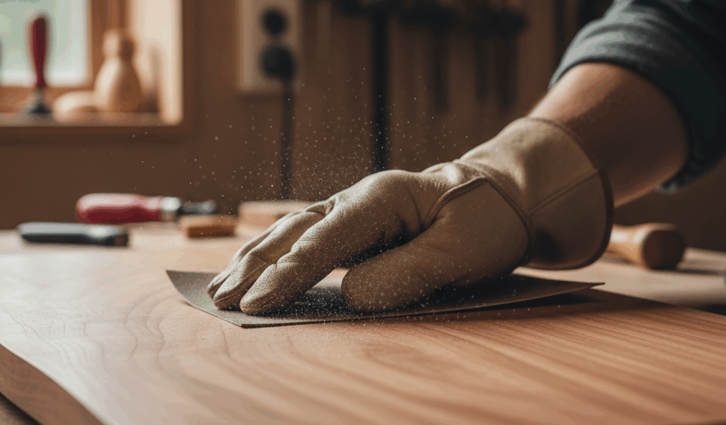 Hand sanding wood with fine grit sandpaper