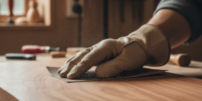 Hand sanding wood with fine grit sandpaper