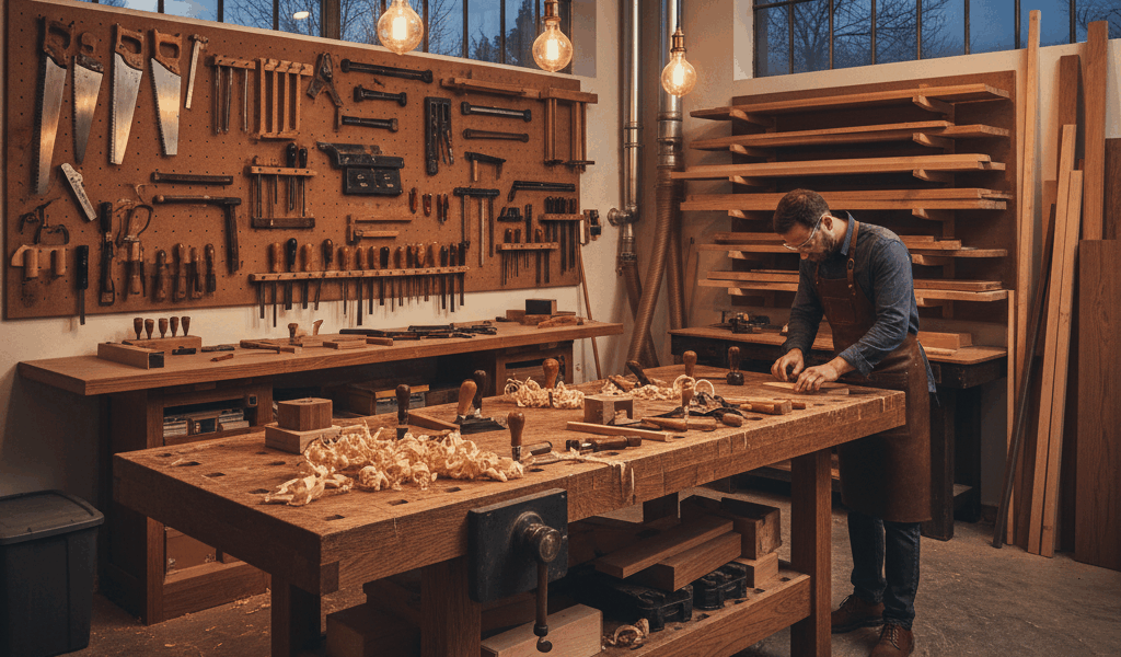 Beautiful woodworking workshop with hand tools