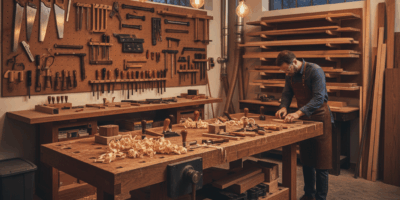 Beautiful woodworking workshop with hand tools