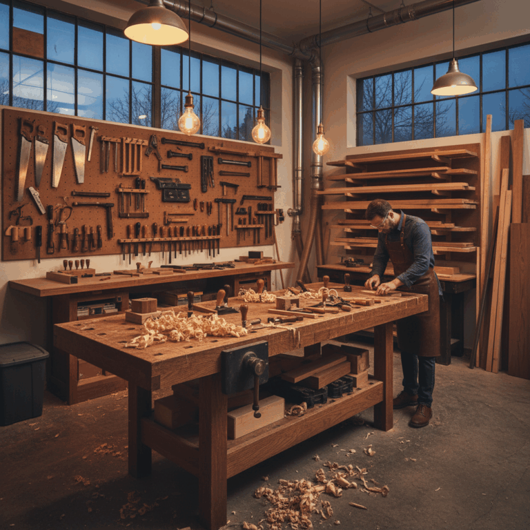 Beautiful woodworking workshop with hand tools