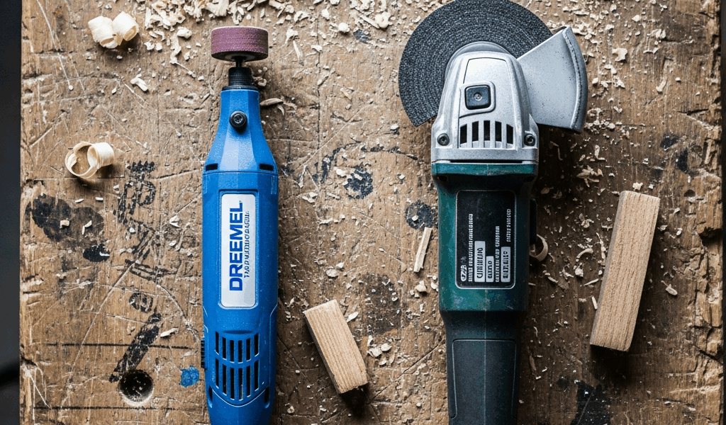 dremel rotary tool and angle grinder side by side on a woodw 20260331 084636