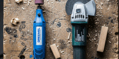 dremel rotary tool and angle grinder side by side on a woodw 20260331 084636