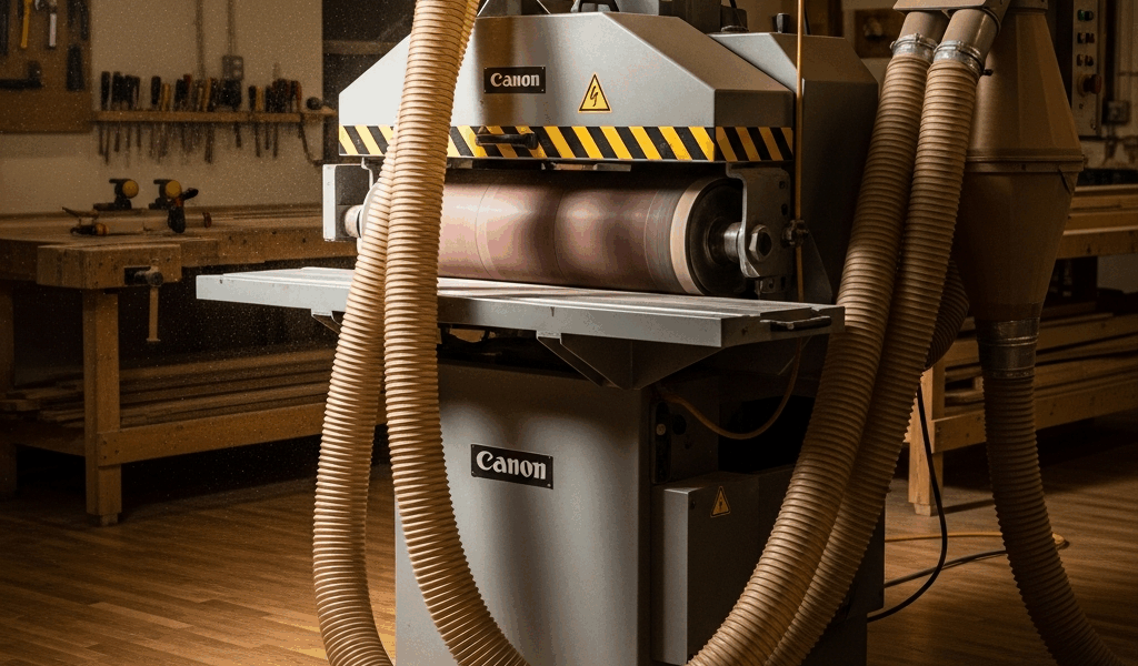 large industrial drum sander machine in a well organized woo 20260331 084706