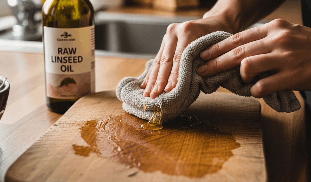 wooden cutting board being oiled with a cloth raw linseed oi 20260331 084749