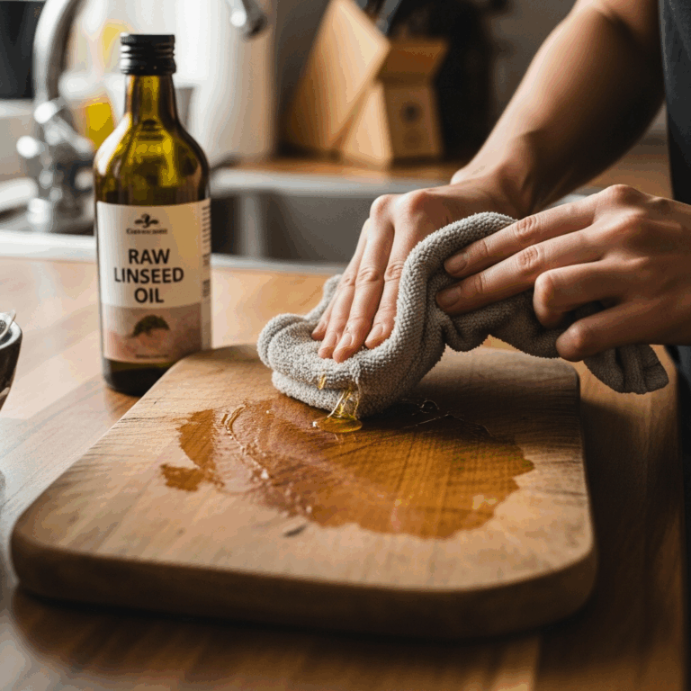 wooden cutting board being oiled with a cloth raw linseed oi 20260331 084749